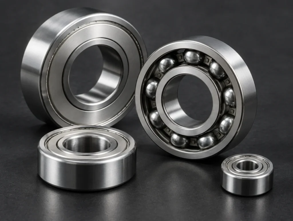 Steel ball bearings of different sizes, one showing its balls and cage