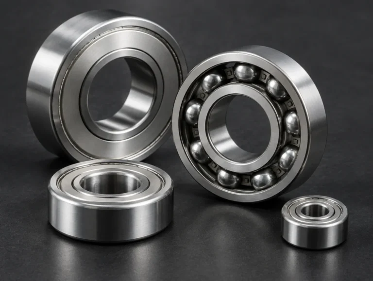 Steel ball bearings of different sizes, one showing its balls and cage