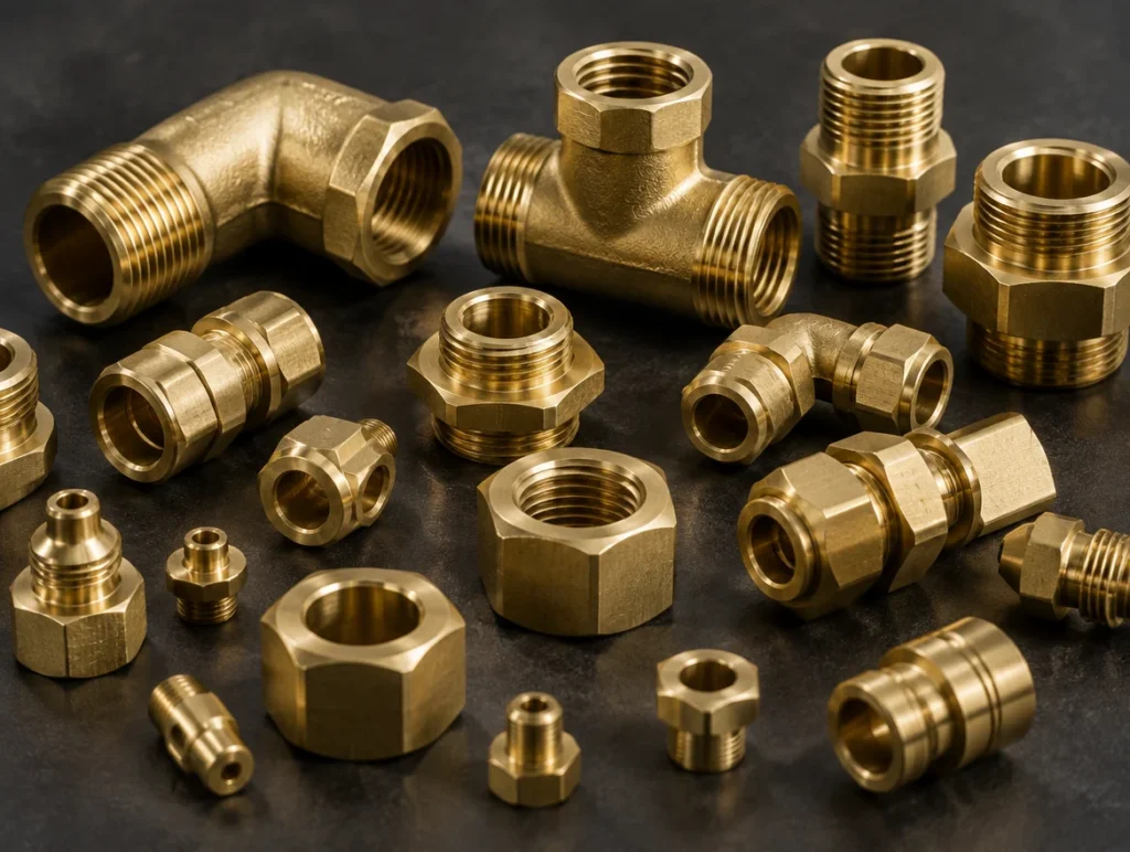 Brass industrial fittings including elbows, tees, nipples and turned brass components