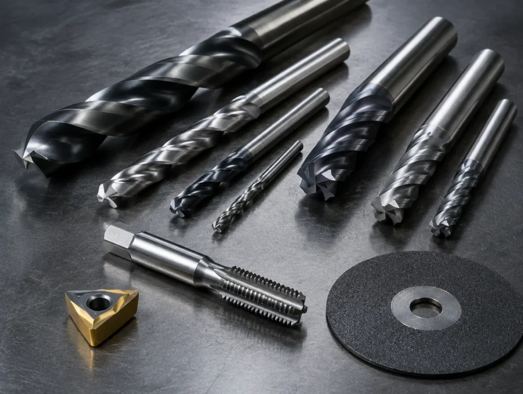 Cutting tools including drill bits, end mills, a tap, a carbide insert and a cutting wheel