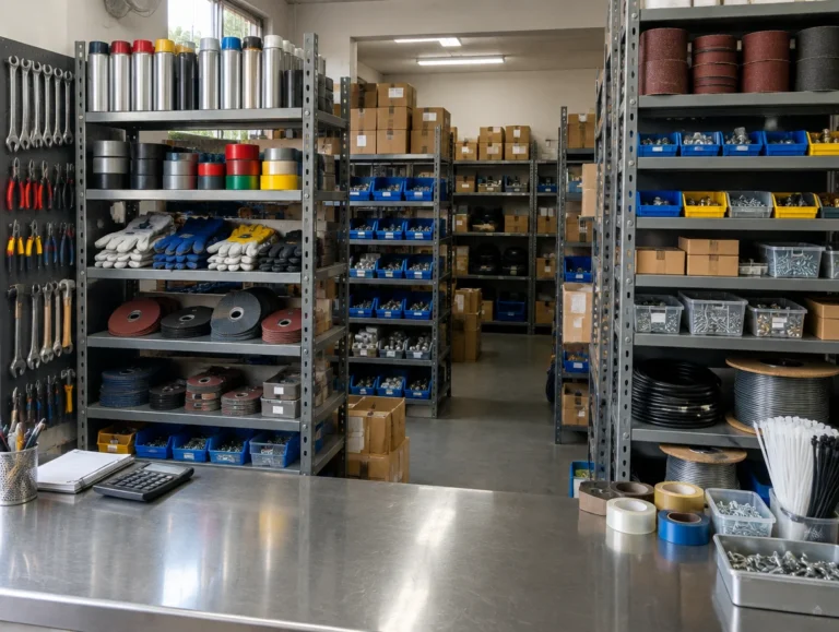 Industrial supplies counter with shelves of general engineering and maintenance supplies
