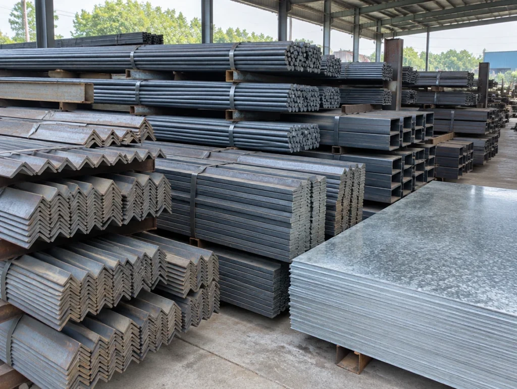 Mild steel angles, flats, rods, channels and galvanised iron sheets in a steel stockyard