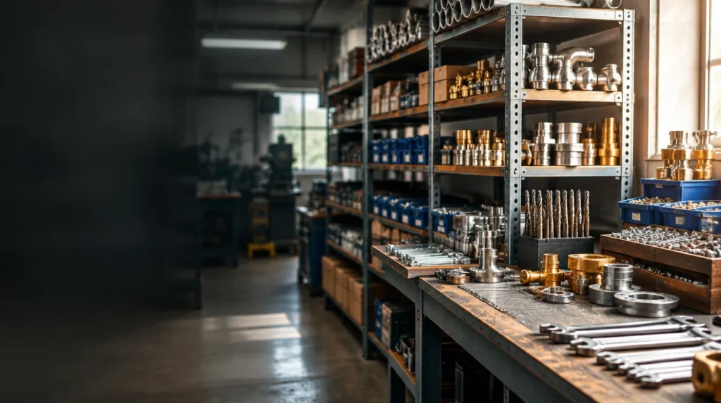 Industrial supply counter with organised tools, fasteners, pipe fittings and metal components