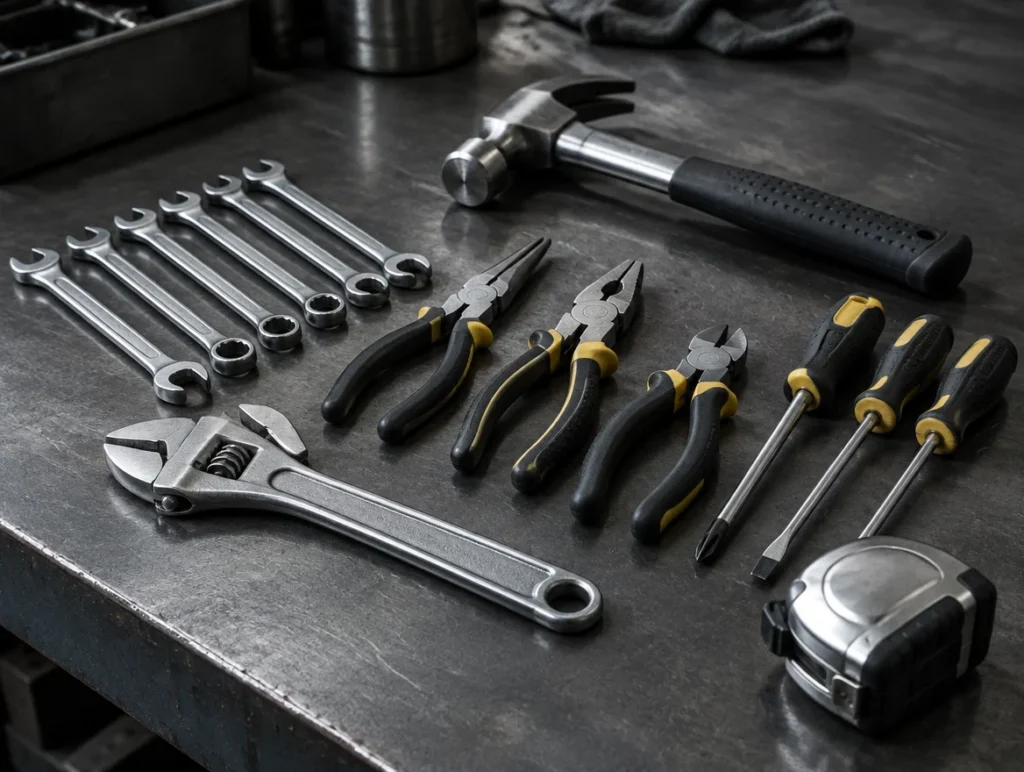 Hand tools including spanners, wrench, pliers, cutters, screwdrivers, hammer and measuring tape