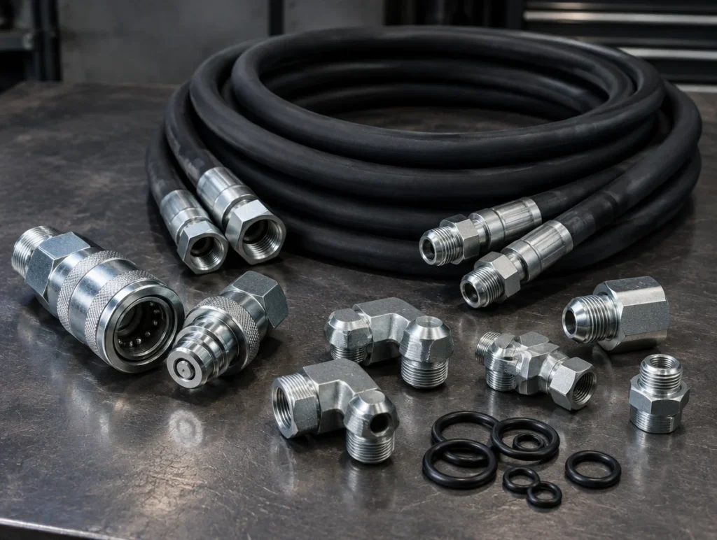 Hydraulic hoses with crimped end fittings, couplings, adapters and seals