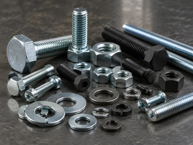 Assorted industrial fasteners including hex bolts, nuts, screws, washers and threaded rods