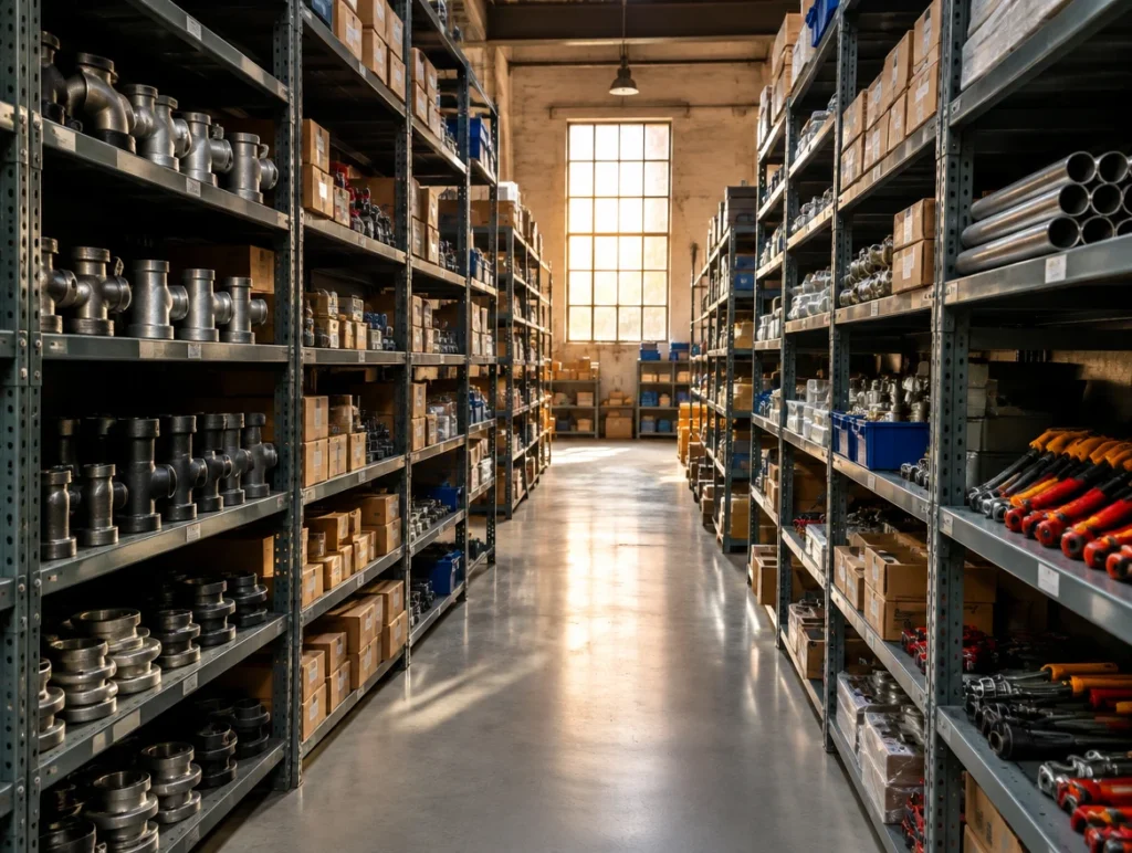 Aisle of steel racks stocked with metal parts, pipe fittings, tools and cartons