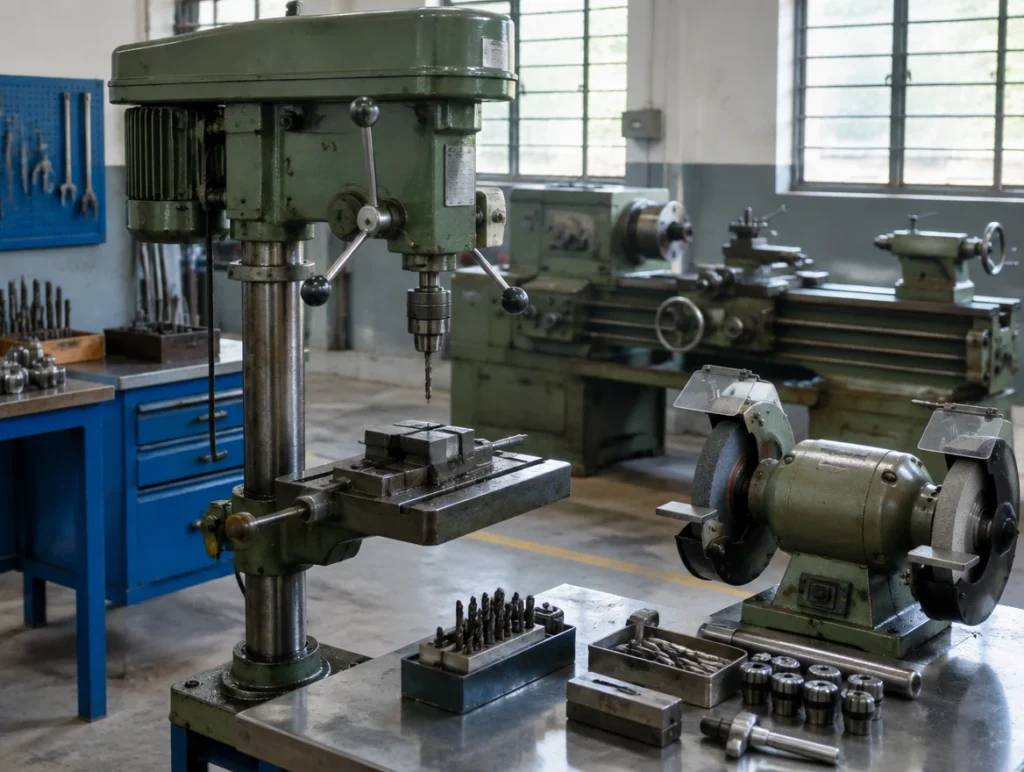 Engineering workshop with a drilling machine, bench grinder and lathe
