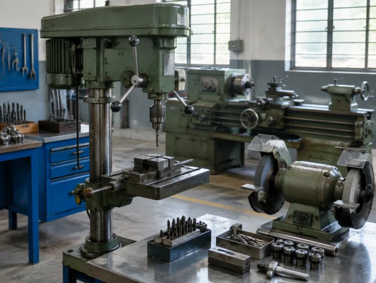 Engineering workshop with a drilling machine, bench grinder and lathe