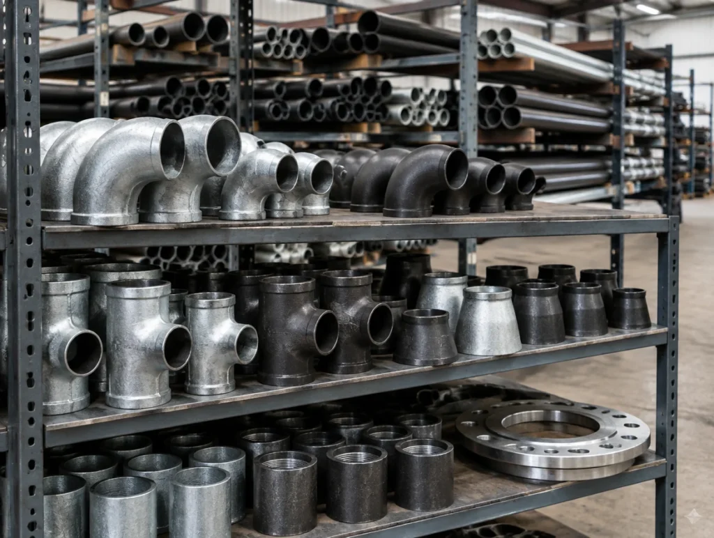 Metal pipes on racks with elbows, tees, reducers, couplings and a flange