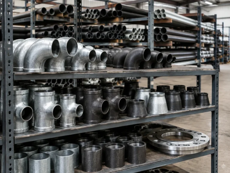 Metal pipes on racks with elbows, tees, reducers, couplings and a flange