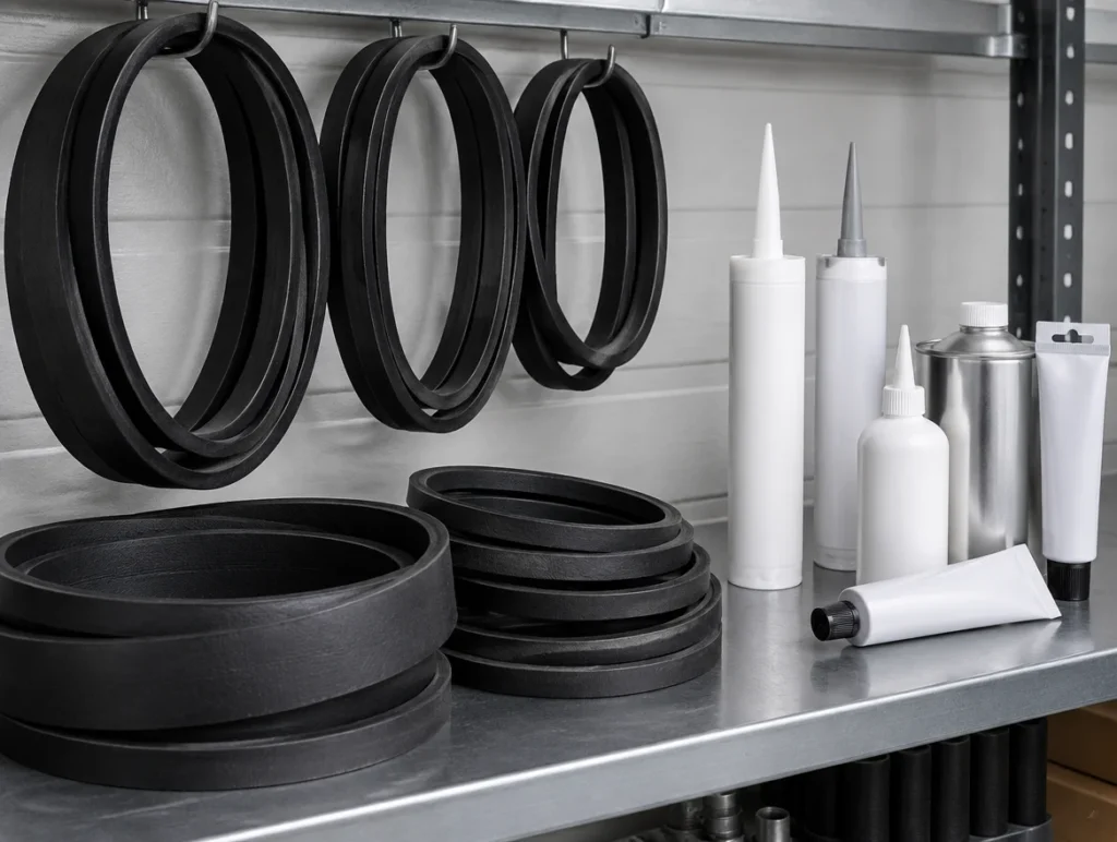 Rubber V-belts with unlabelled industrial adhesive and sealant containers