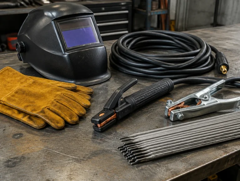 Welding accessories including electrode holder, earth clamp, welding cable, rods, helmet and gloves